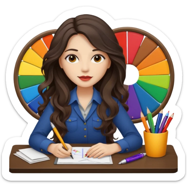 female dark wavy long hair graphic designer , color wheel, pens, papers, desktop sticker