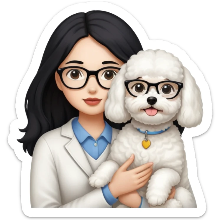 Girl with long black hair and glasses holding a white Bichon Frise dog sticker