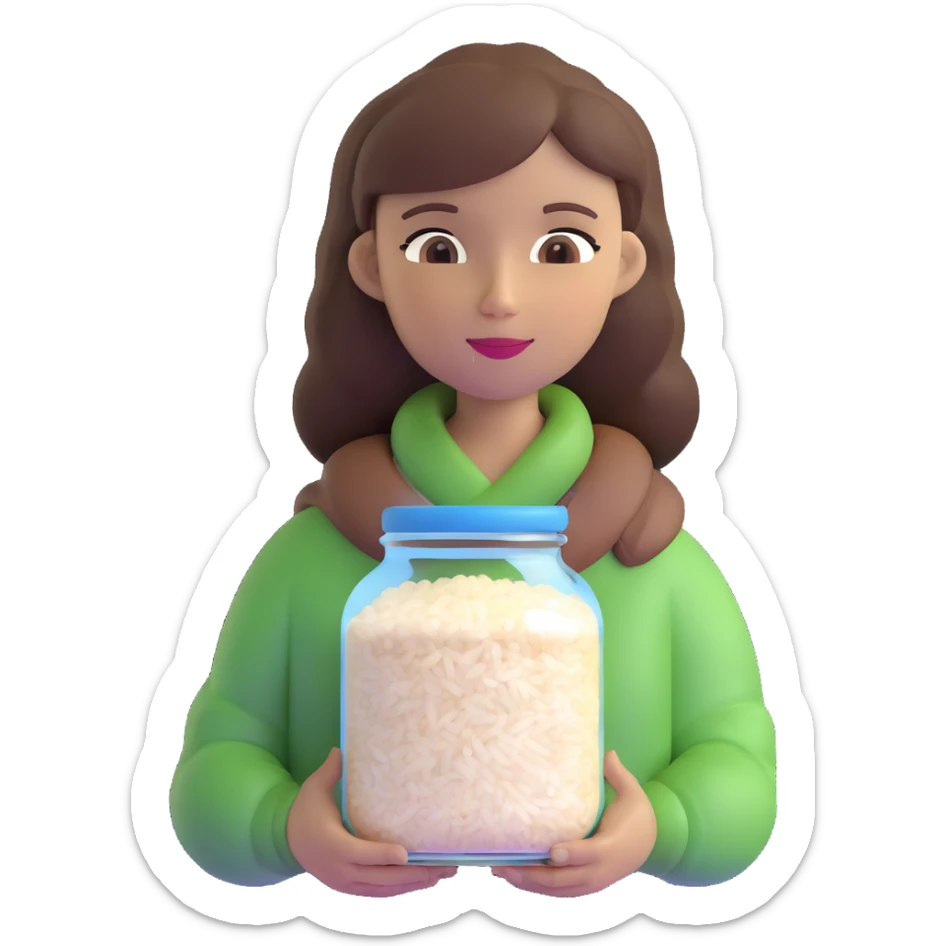 designer woman with brown hair holding a big glass jar of rice sticker