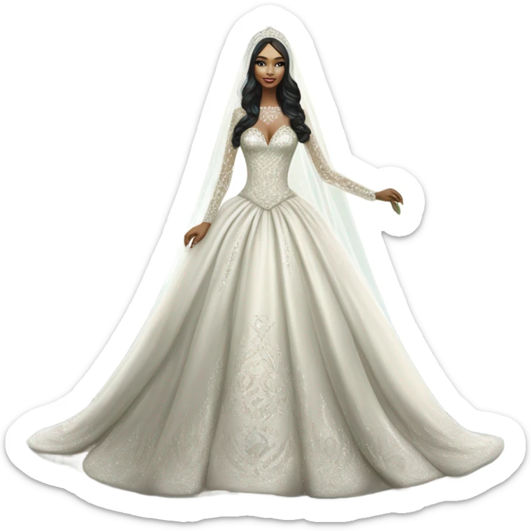Hyper Realistic ornate ballgown long sleeve Wedding dress with diamanté on Russian bride with pale skin and green eyes and long black hair with veil hyper realistic  sticker