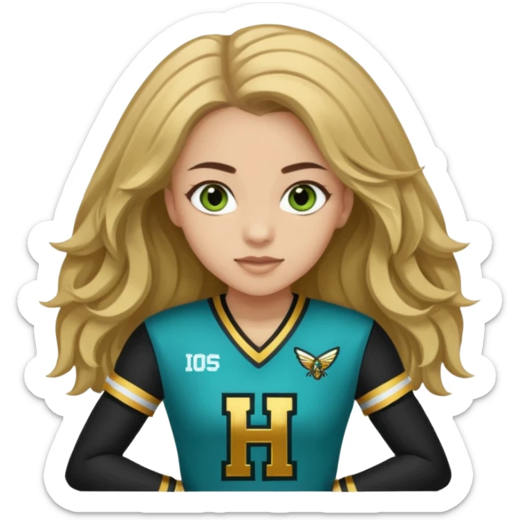 Im white  I have greenish blue hazel eyes I have light brown long hair and my cheer uniform is black and gold and says hornets sticker