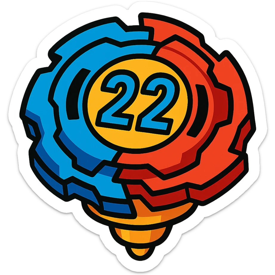 beyblade half sky blue and half red with the number 22, vibrant cartoon illustration style sticker