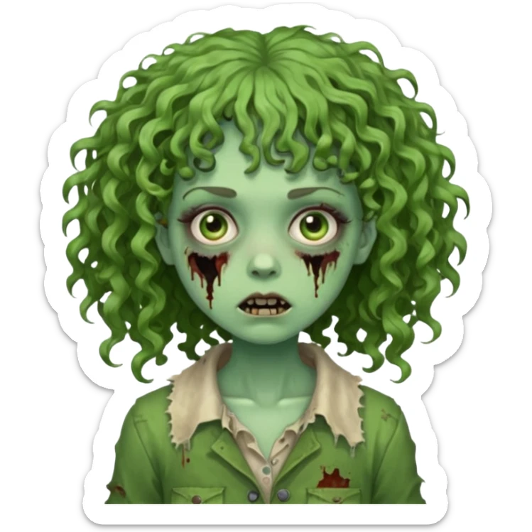 Green zombie emoji girl with curly hair, with curly bangs sticker