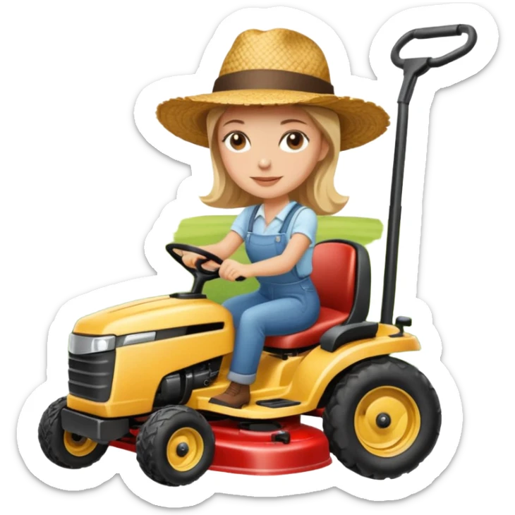 White woman without glasses wearing a straw hat, on old Westwood ride on lawn mower.  sticker