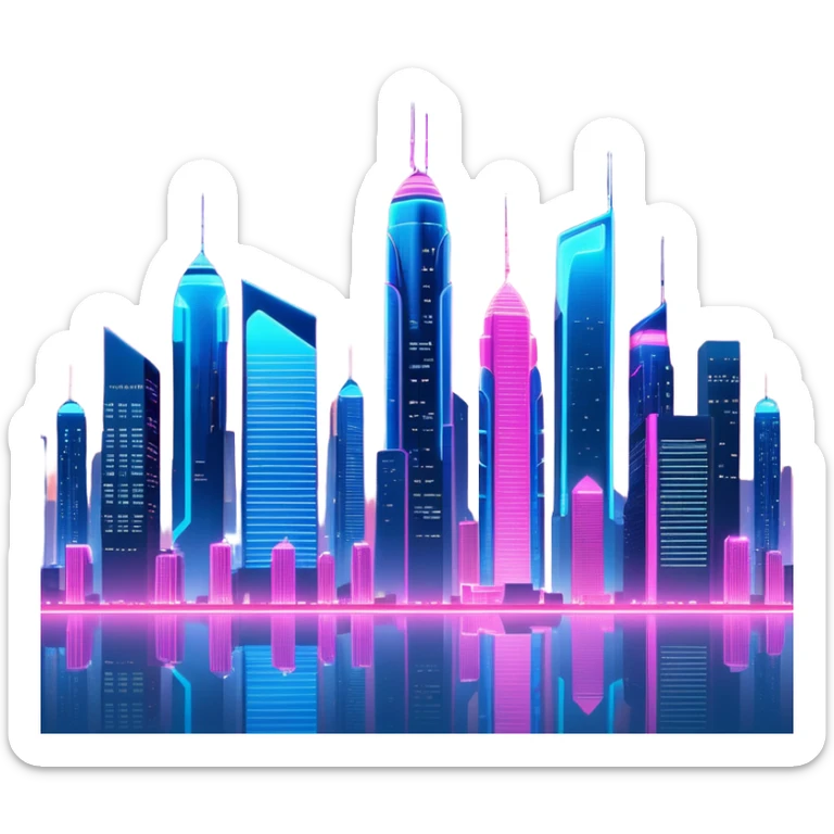 A futuristic cityscape at night, with neon lights and towering skyscrapers illuminating the sky sticker