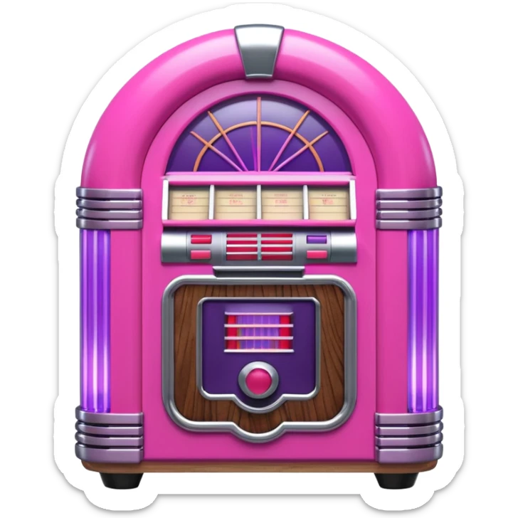 3D render of Jukebox, vintage 1980s audio equipment aesthetic, tactile analog buttons, neon pink and purple light tubes with chrome trim, mixed wood grain and brushed aluminum textures, Apple emoji style, isolated on white background --v 6.0 sticker