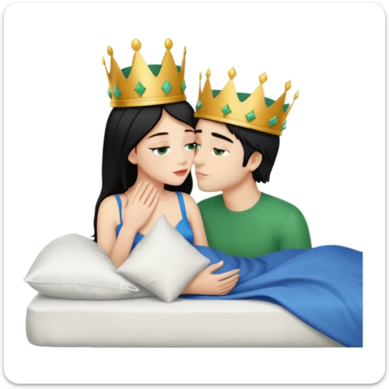 Blonde Queen with crown, Green eyes, naked, kissing man, naked, no crown, black hair, blue eyes, whole Body, Background bed sticker