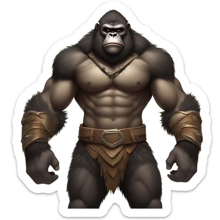 Gorilla-like warrior, tan muscular body, fresh chest wound. Leather and fur armor, stern expression, shadowy wild setting. Muted colors, intense and primal atmosphere. sticker