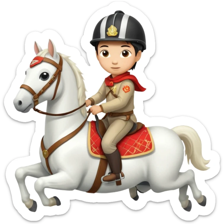 “A Chinese little boy is riding a cute white small horse, and the horse is running. The blanket on the saddle says ‘2026.’” sticker