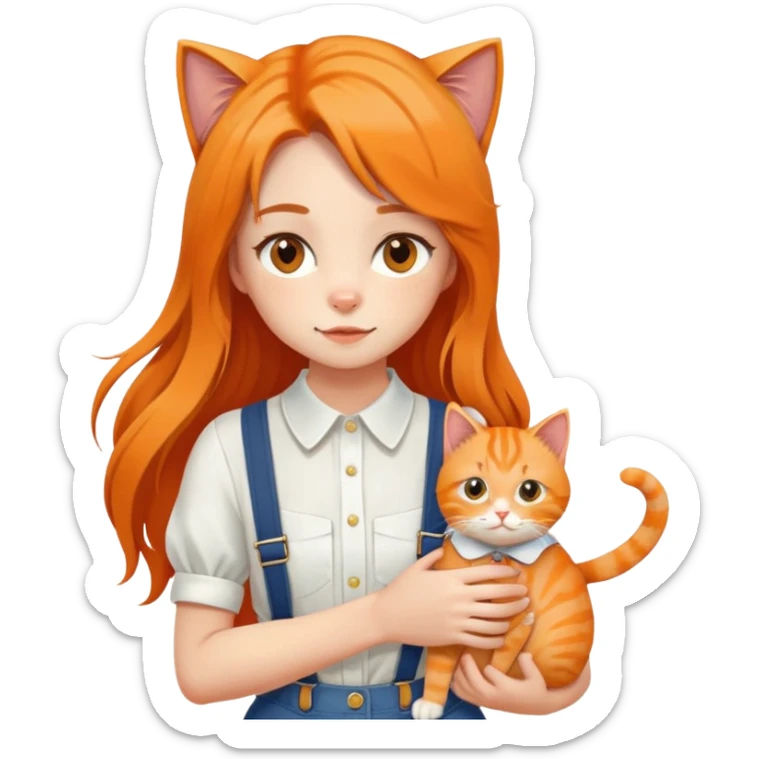 Hundred Girls-Long Hair-White Suspenders-Holding Tightly-An Orange Cat sticker