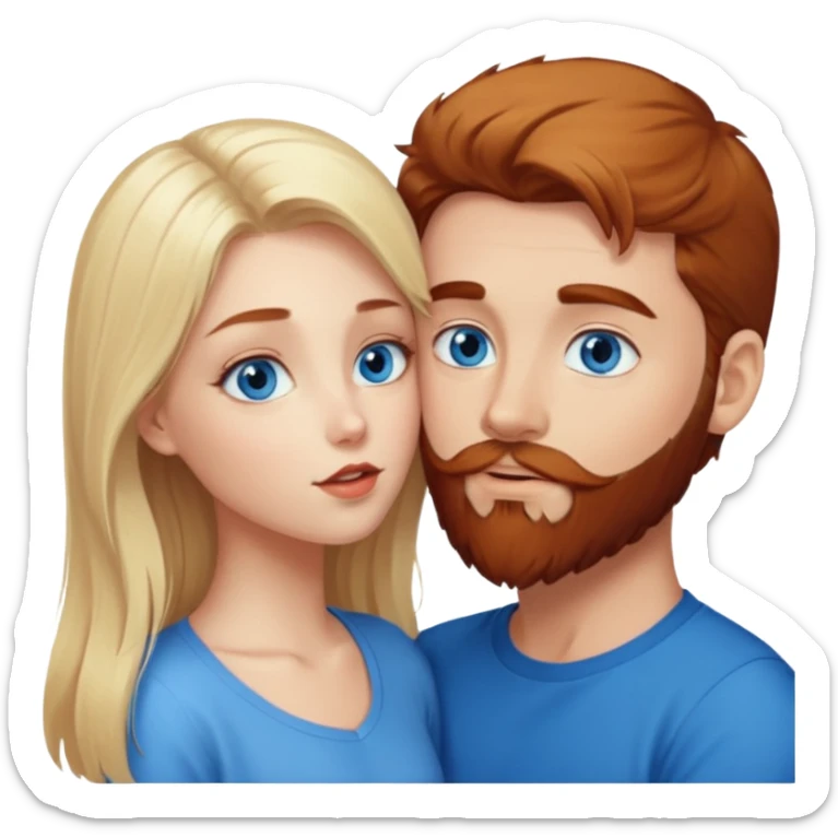 Long-pale-blonde hair, beautiful girl with blue eyes faceing-kissing reddish-brown hair and beard boy blue eyed white guy sticker