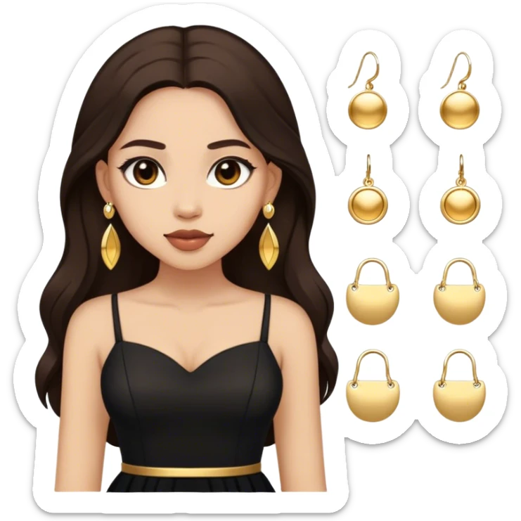 Beautiful woman,cute, long dark brown hair in dark dress with gold earrings sticker