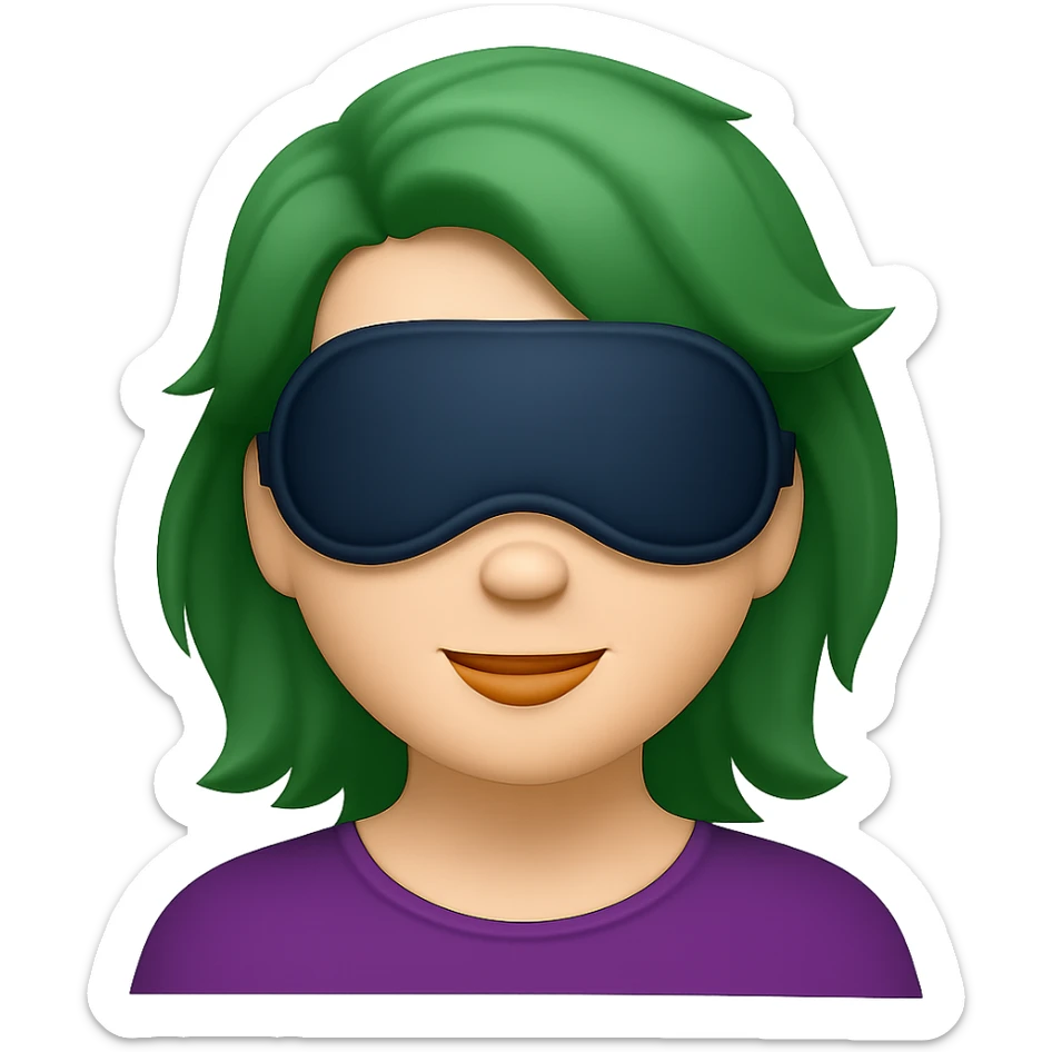 Create an Apple emoji style image of a woman with a sleep eye mask and green hair, no pillow, no background. The style should resemble Apple emojis. sticker