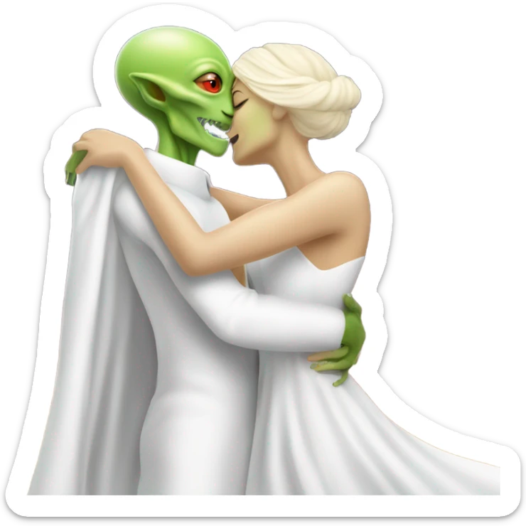 Alien reptilian woman in white dress hugs and kissing White man sticker