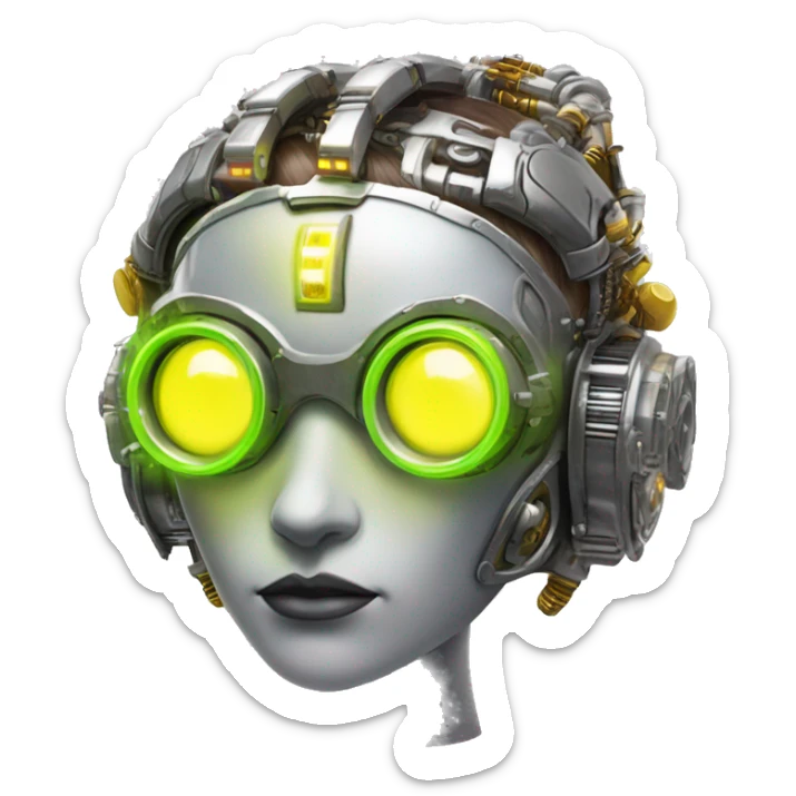 Round faced Caucasian female cyborg head with Neon yellow bobbed hair, silver steampunk goggles and circuits sticker