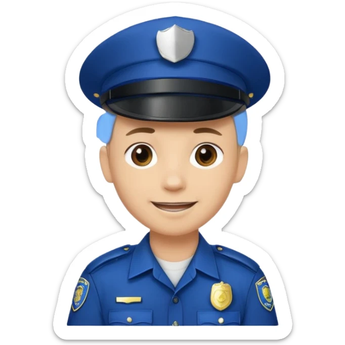 This is a cartoon-style avatar of a police officer with light skin, wearing a dark blue cap featuring a silver badge, and showing a smile expression. sticker