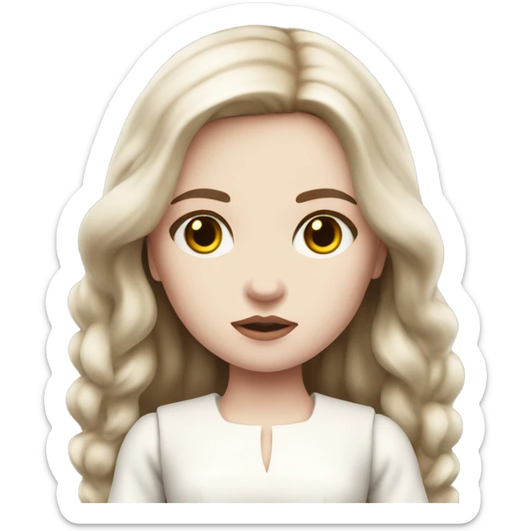 Doll with brown straight hair, wearing a white dress and a serious expression. She has pale skin and a classic porcelain doll appearance, looking terrifying. sticker