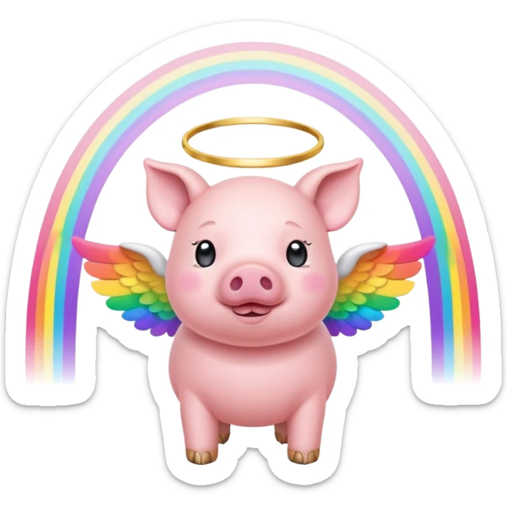 cute pig with angel wings and halo crossing colorful rainbow bridge sticker