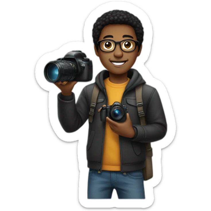 a young, black photographer, straight black hair, wearing glasses and with a camera in his hand sticker