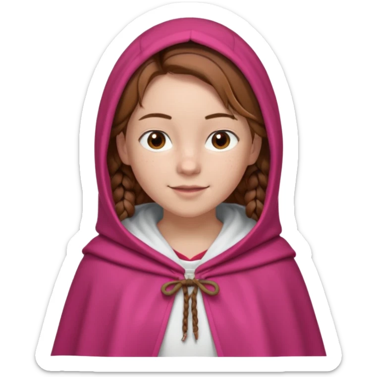 a 12 year old girl with fair skin, freckles, and brown hair done in French braids that come down to her breasts. she has a red hooded cape with the hood drawn. she has big, brown eyes and normal eyebrows. she has a pretty white t-shirt under her cloak. she has a warming smile with pale pink lips sticker