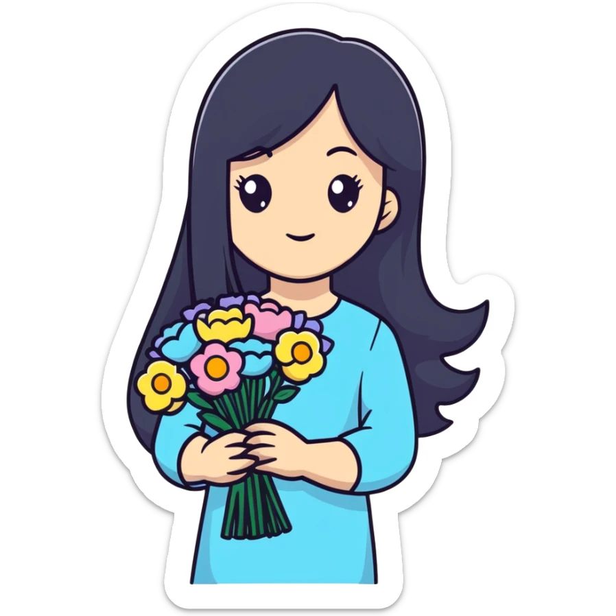 beautiful girl with long black hair holding a bouquet of flowers sticker