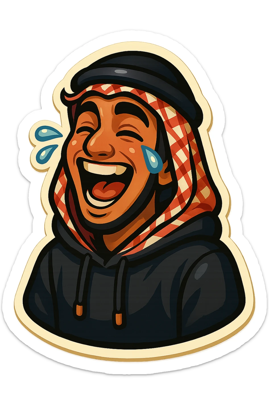 cartoonish, bold, vibrant emoji-style sticker of Ara, an Arab young man with medium brown skin, black hair, wearing casual urban Middle Eastern streetwear like a keffiyeh scarf or hoodie, laughing uncontrollably with exaggerated expression sticker