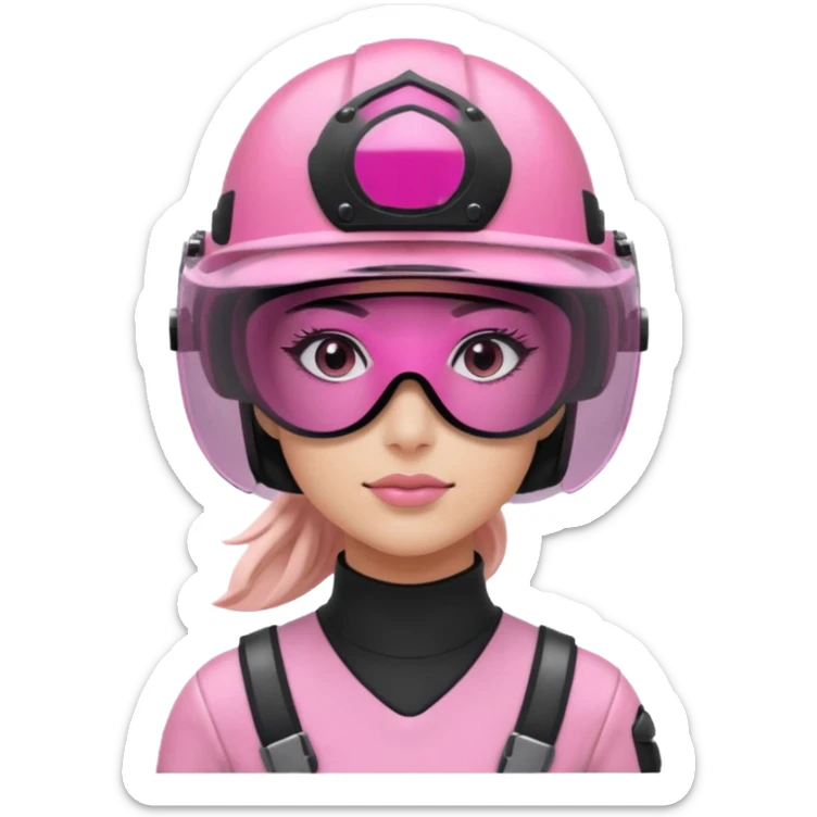 pink power ranger, woman emoji, with helmet on, black visor eye protection sticker