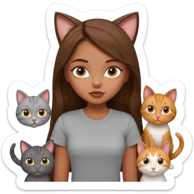 a pretty bratz dusky girl with long brown hair with six cats nd wearing a grey tshirt sticker