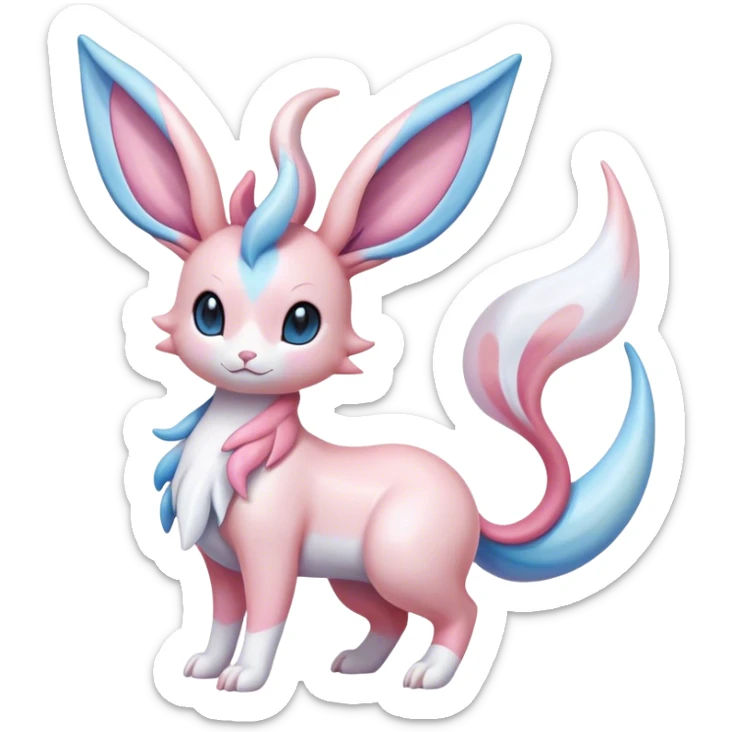 Feral Rare Fantasy cute realistic adorable pastel pink light-blue white iridescent Sylveon-Milotic-Minccino-Vernid-hybrid by LiLaiRa, markings, full body sticker