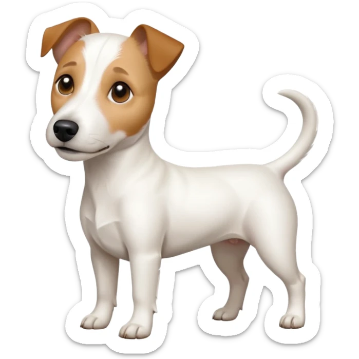 a full body white jack russel looking dog the size of a kelpie with light brown ears and a light brown patch on one eye and a large snout sticker