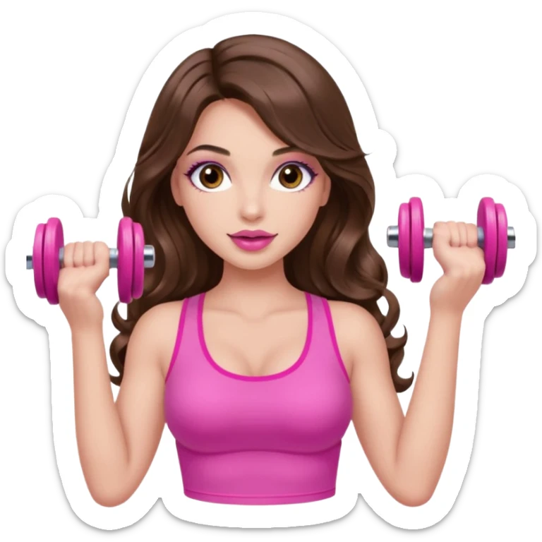 girl with long wavy brown hair, brown eyes, long lashes makeup, sexy pink lips, light to medium complexion, wearing a pink sexy top, lifting a pink dumbells sticker