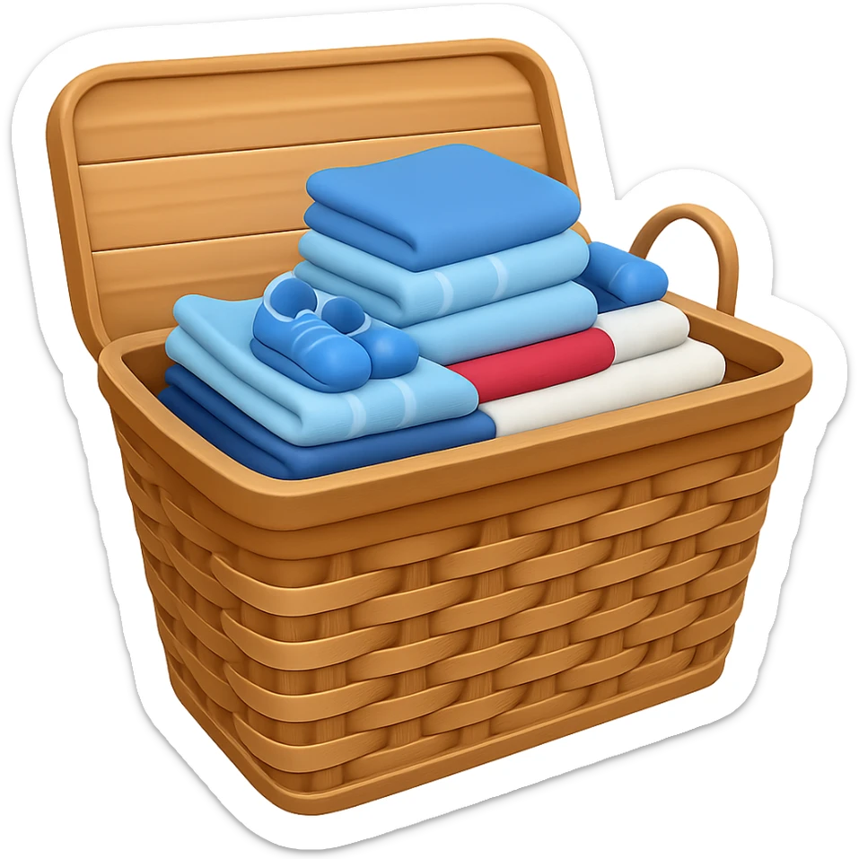 Add folded towels on top of the socks and towels in the wicker laundry basket in emoji style, no background. sticker