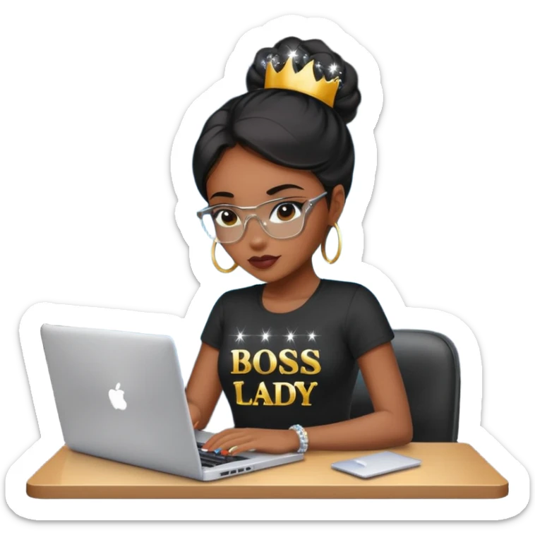 black pretty girl working hard with sparkles on laptop "boss lady" spelled out on shirt sticker