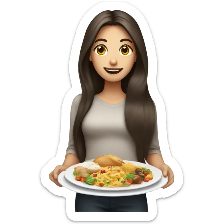 Long hair brunette female showing plates of food sticker