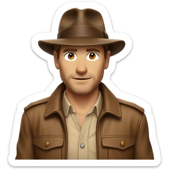 White skin Indiana Jones with a brown jacket and a brown hat, brown hair, beige shirt sticker
