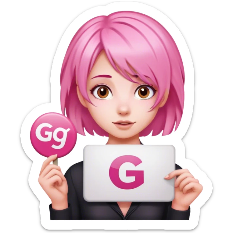 girl with pink hair, big sign, sign says GG sticker