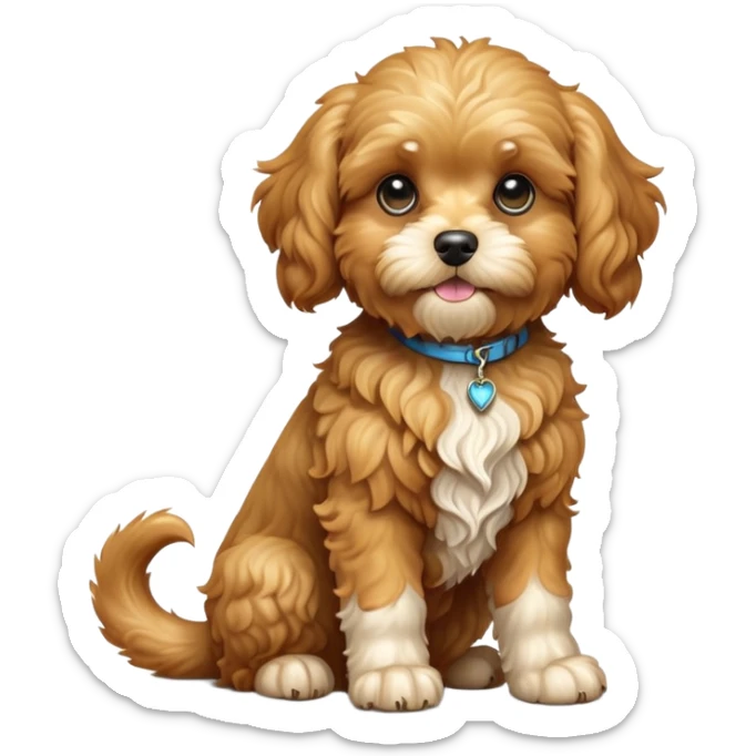 cinematic-[cavoodle dog]-realistic-full-body-sitting-emoji,-tail-resting-loosely-beside-its-paws,-head-tilted-dramatically,-curly-[solid golden]-fur,-simplified-yet-realistic-focused-features,-highly-detailed,-glowing-with-an-almost-sarcastic-glow sticker