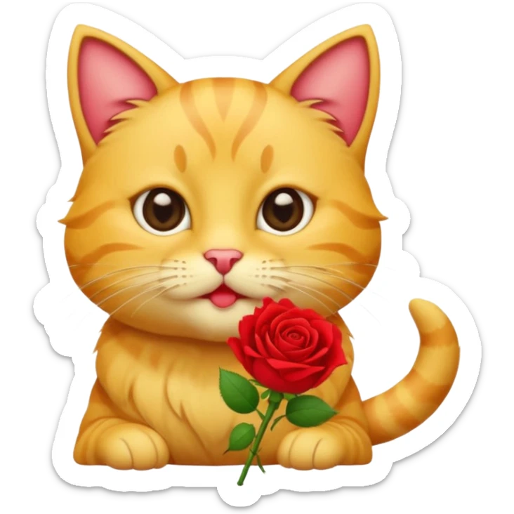 Cute emoji-style yellow tabby cat holding a red rose in its mouth, big round eyes, fluffy fur, clean mascot style, centered, transparent background, 1:1 ratio. sticker