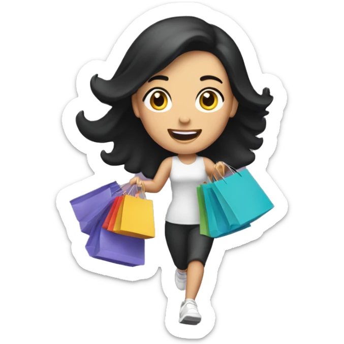 Caucasian woman with black hair running with shopping bags in her hands sticker