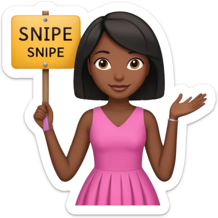Dark skin woman with black bob in hair holding sign that says snipe  wearing pink dress  sticker