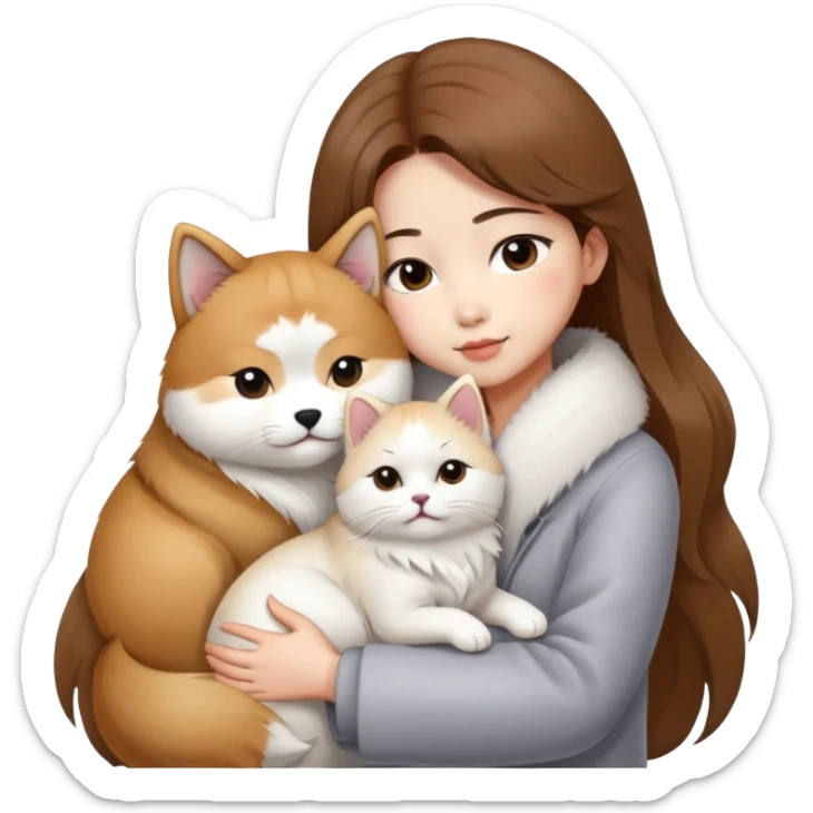 A Chinese fashion girl with brown hair, wearing a light gray fur coat, hugging a Shiba Inu and a long-haired white Persian cat. sticker