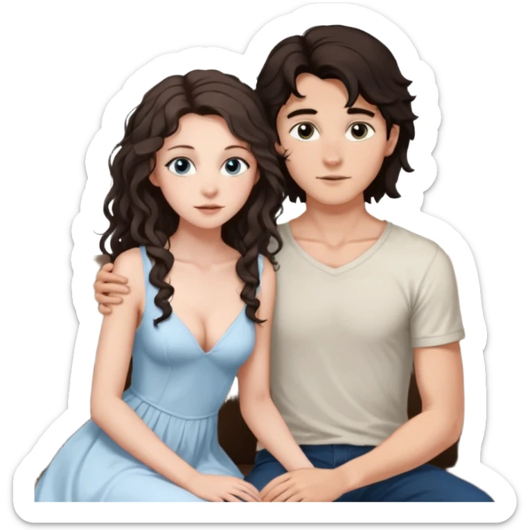 white girl, dark brown long slightly curly hair , skinni but with big breast , septum piercing on nose, beautiful dark gray-blue eyes, in white dress , boy dark brown eyes , light white skin , tall , skinny , light brown mid haircut ,  on his knee asking her to be hos wife sticker