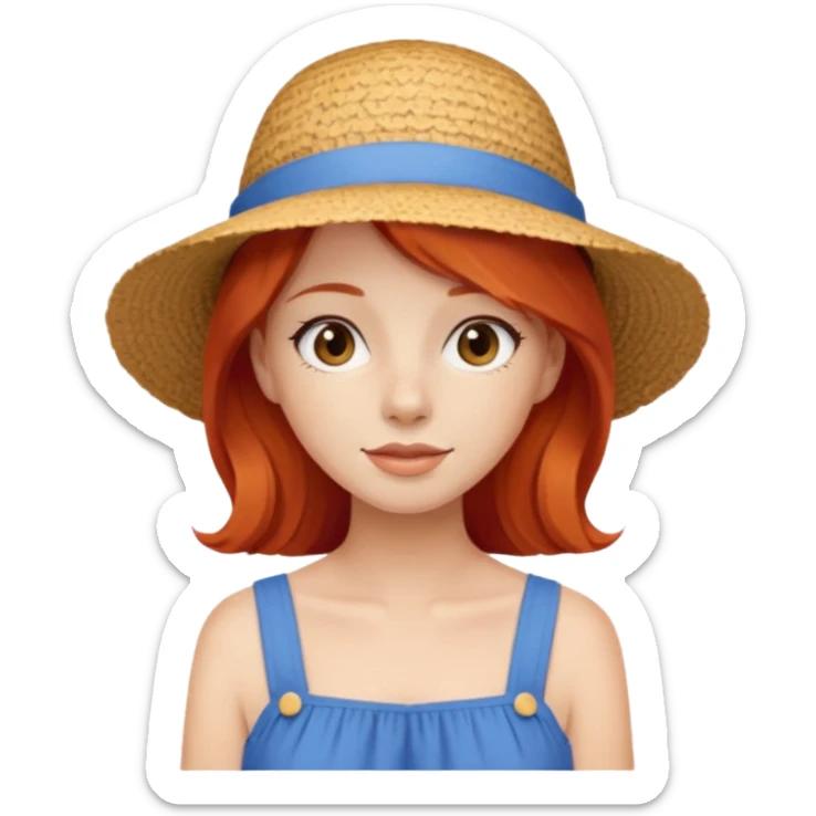girl_wearing_summer_hat_red_hair, blue dress sticker