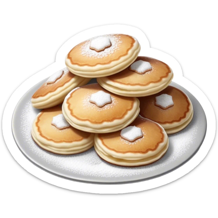 Poffertjes Cinematic Realistic Poffertjes Dessert Emoji, depicted as small, fluffy Dutch pancakes dusted with powdered sugar, rendered with lifelike textures and warm, inviting lighting. sticker