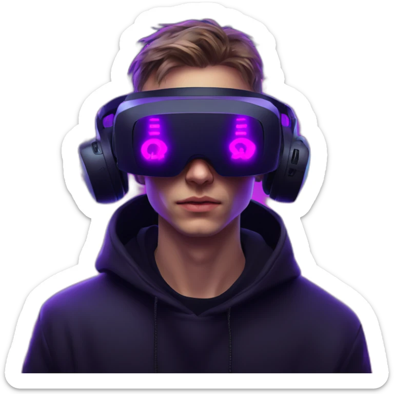 Russian young man wearing a black hoodie with "OMG" letters on it and VR headset in a cyberpunk VR environment with violet neon lighting. sticker