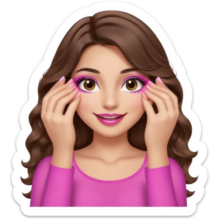 girl with long wavy brown hair, brown eyes, long lashes makeup, sexy pink lips, light to medium complexion, wearing a pink sexy top, smiling, hands covering over the eyes sticker