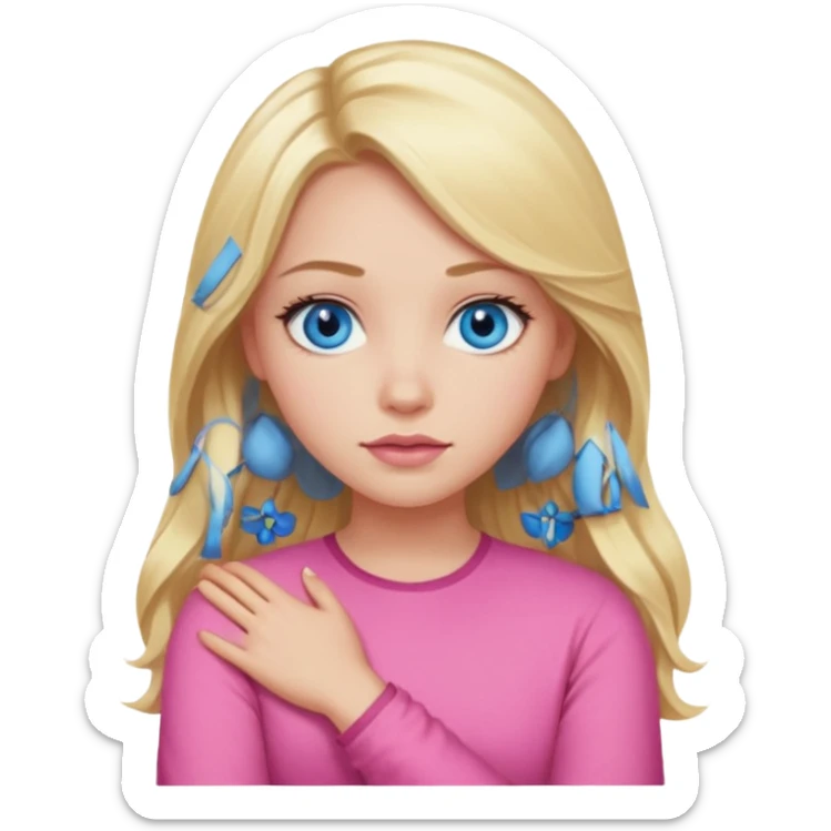 A girl with blue eyes, full lips and blonde long hair in a pink blouse shows no with her hands, crossing them sticker