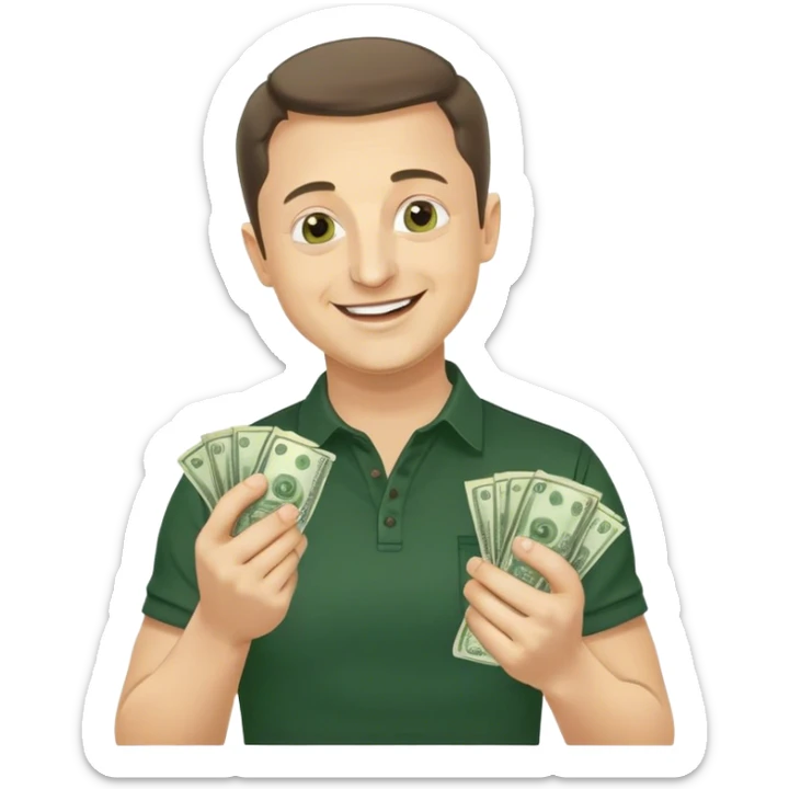 Photorealistic Vladimir Zelensky very happy holding money in his hands, dark green shirt sticker