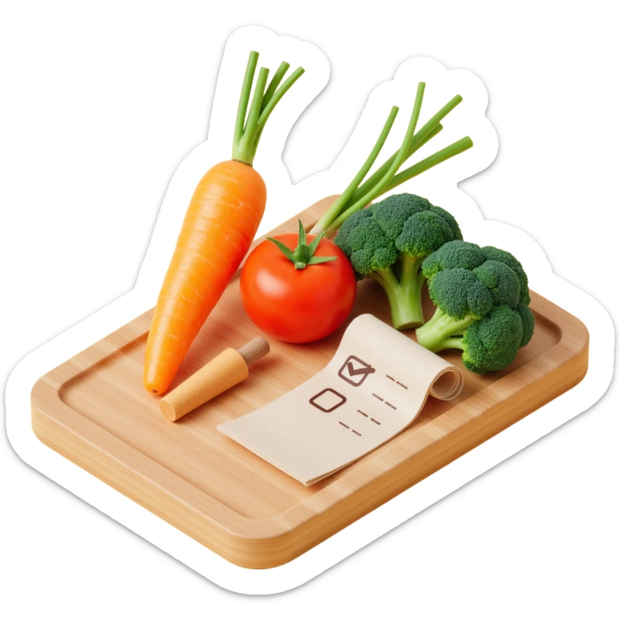 carrot tomato brocoli on the wooden cutting board with floating rolled paper list with checkbox sticker