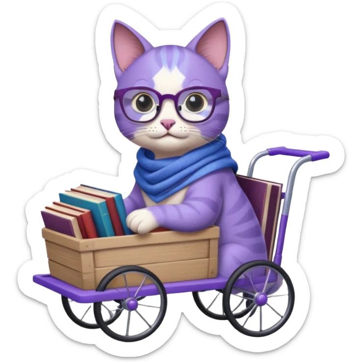 Purple and blue cat, with glasses and a shawl, pushing a 4 wheeled cart full of books sticker